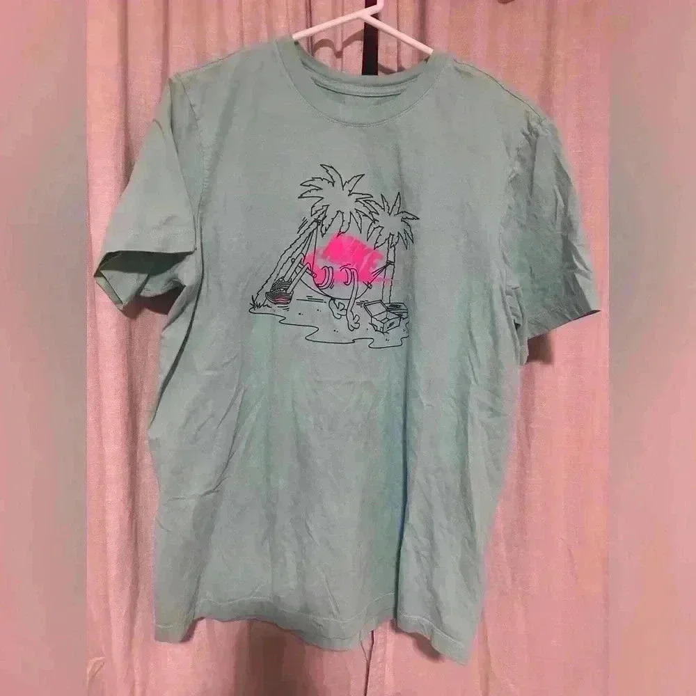 Nike T-Shirt with Pink Flamingo & Palm Tree Graphic Aqua Blue Size Medium Unisex
